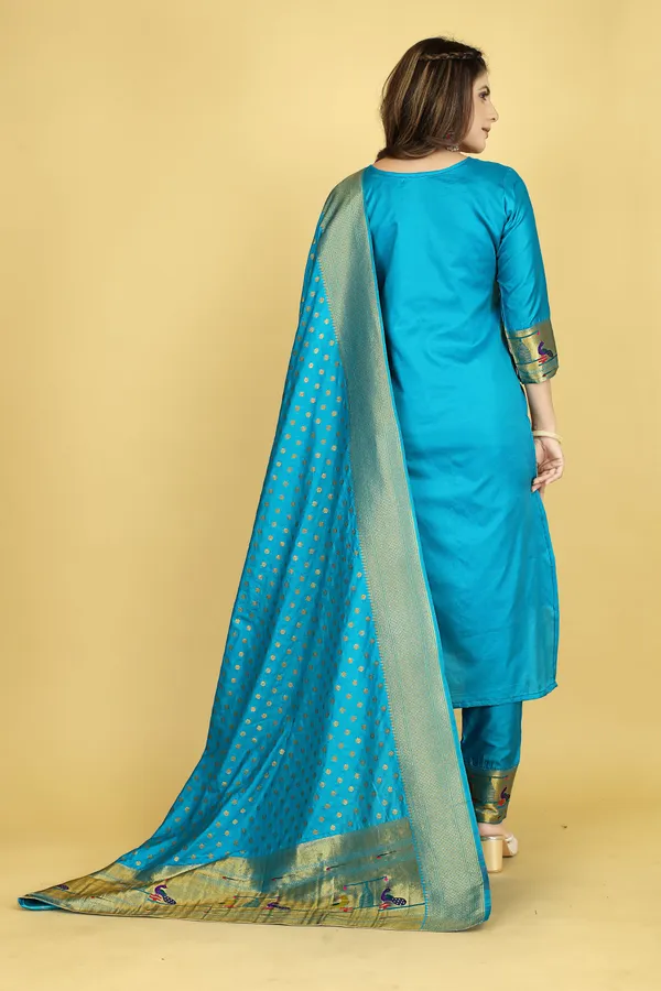 Firozi_Colour_Paithani_Suit_Unstitched_Fabric_With_Dupatta